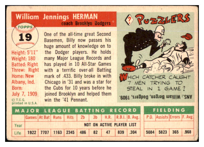 1955 Topps Baseball #019 Billy Herman Dodgers VG-EX 452332
