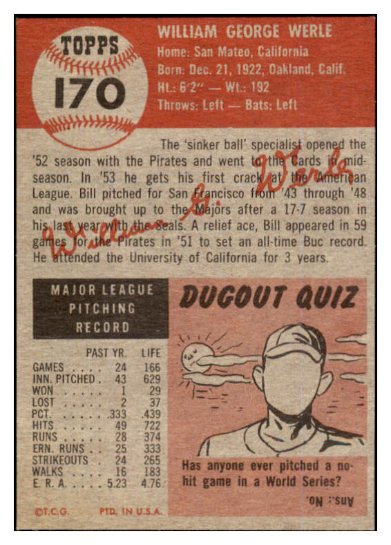 1953 Topps Baseball #170 Bill Werle Red Sox GD-VG 453380