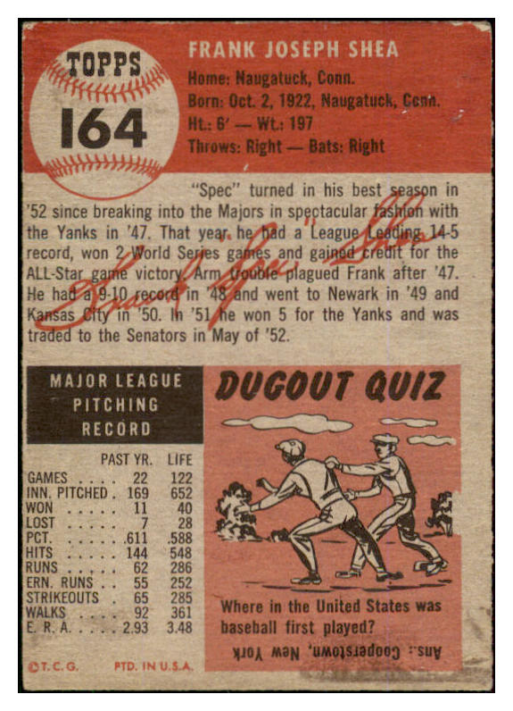 1953 Topps Baseball #164 Frank Shea Senators EX 453497