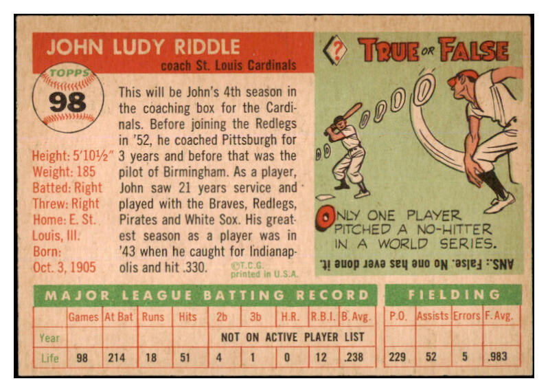1955 Topps Baseball #098 Johnny Riddle Cardinals NR-MT 455580
