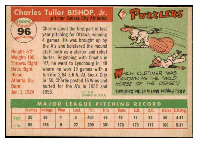 1955 Topps Baseball #096 Charlie Bishop A's EX-MT 455583