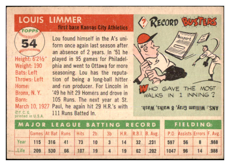 1955 Topps Baseball #054 Lou Limmer A's EX-MT 455611