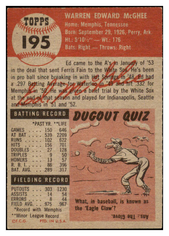 1953 Topps Baseball #195 Ed McGhee A�S EX-MT 455654