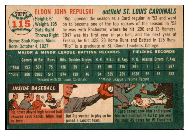 1954 Topps Baseball #115 Rip Repulski Cardinals EX-MT 455944