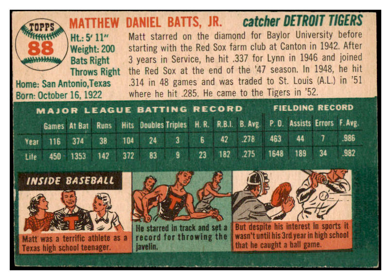 1954 Topps Baseball #088 Matt Batts Tigers NR-MT 455991