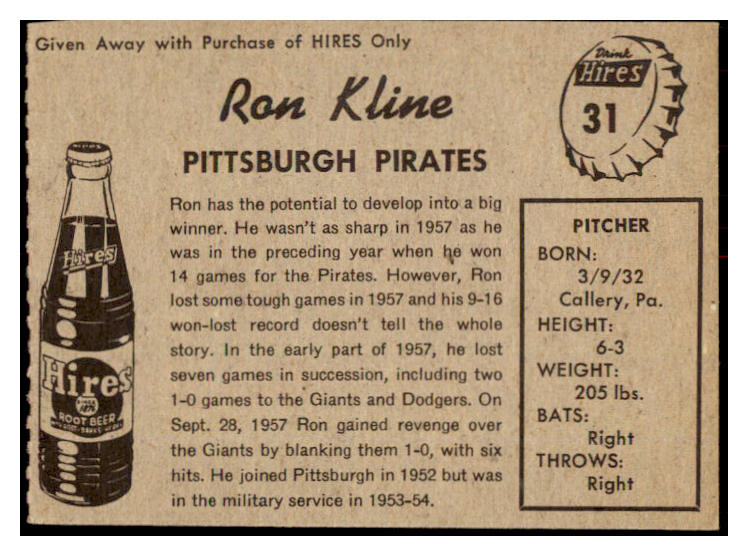 1958 Hires #031 Ron Kline Pirates NR-MT No Tab 456565