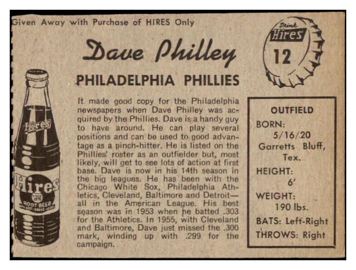 1958 Hires #012 Dave Philley Phillies EX-MT No Tab 456576