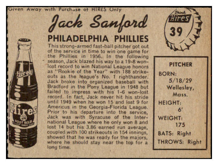 1958 Hires #039 Jack Sanford Phillies EX-MT No Tab 456580
