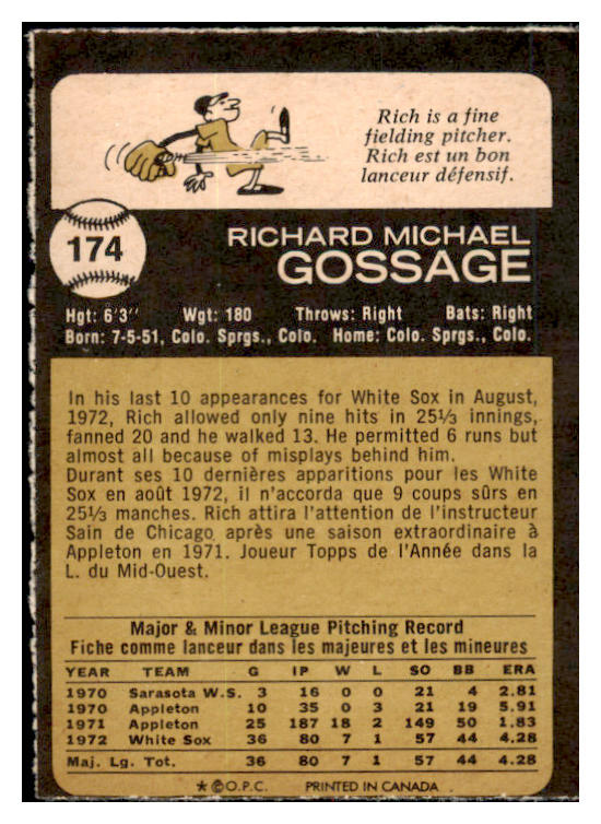1973 O Pee Chee Baseball #174 Goose Gossage White Sox NR-MT 456748