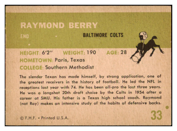 1961 Fleer Football #033 Raymond Berry Colts EX 460153