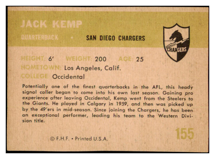 1961 Fleer Football #155 Jack Kemp Chargers EX-MT 460233