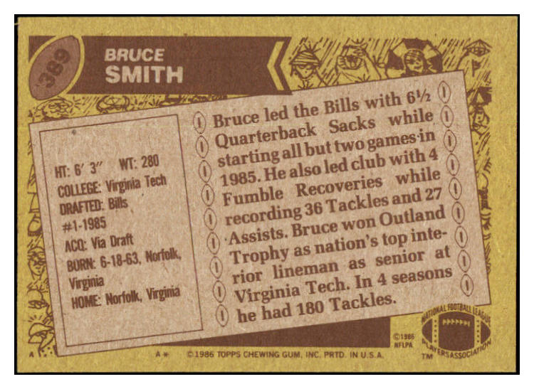 1986 Topps Football #389 Bruce Smith Bills NR-MT 460425