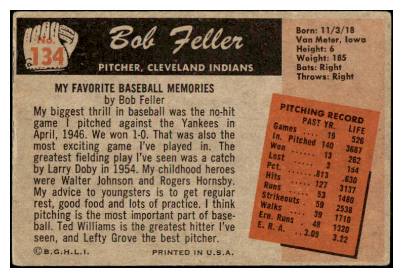 1955 Bowman Baseball #134 Bob Feller Indians VG 460832