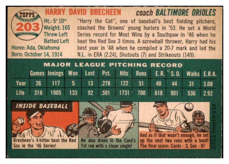 1954 Topps Baseball #203 Harry Brecheen Orioles EX-MT 463010