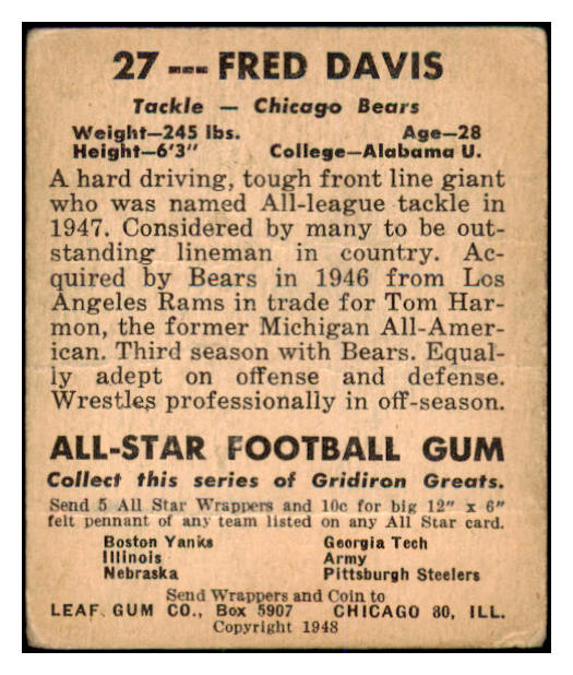 1948 Leaf Football #027 Fred Davis Bears Good 436002