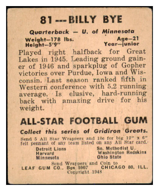 1948 Leaf Football #081 Billy Bye Minnesota Fair pencil front 436052