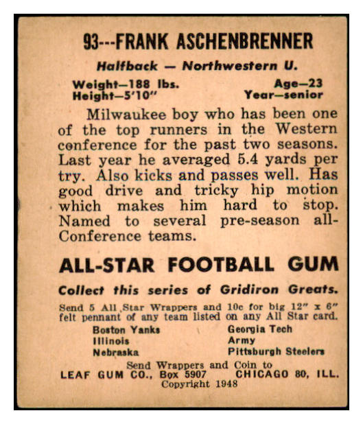 1948 Leaf Football #093 Frank Aschenbrenner Northwestern VG-EX 436064