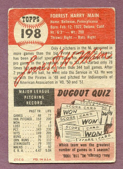 1953 Topps Baseball #198 Forrest Main Pirates VG 448633