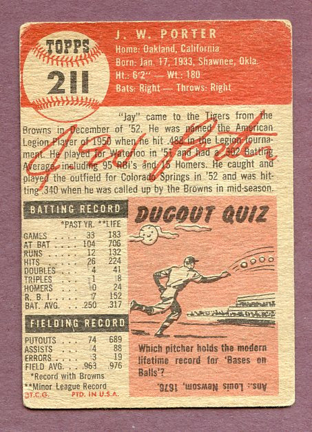 1953 Topps Baseball #211 J.W. Porter Tigers VG 448634