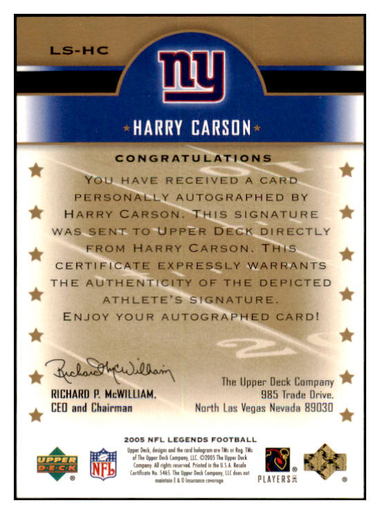2005 UD Legends #LX-HC Harry Carson Giants Signed 461590
