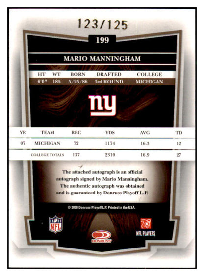 2008 Donruss Significant #199 Mario Manningham Giants Signed 461595