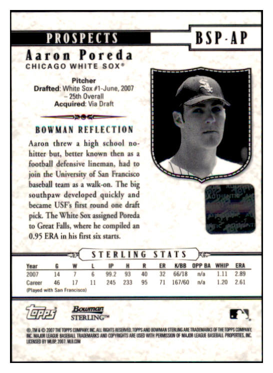 2007 Bowman Sterling #BSP-AP Aaron Poreda White Sox Signed 461660