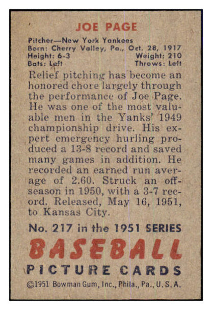 1951 Bowman Baseball #217 Joe Page Yankees EX-MT 463234