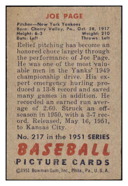 1951 Bowman Baseball #217 Joe Page Yankees EX-MT 463234