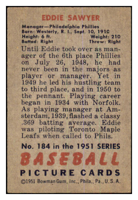 1951 Bowman Baseball #184 Eddie Sawyer Phillies VG-EX 463264