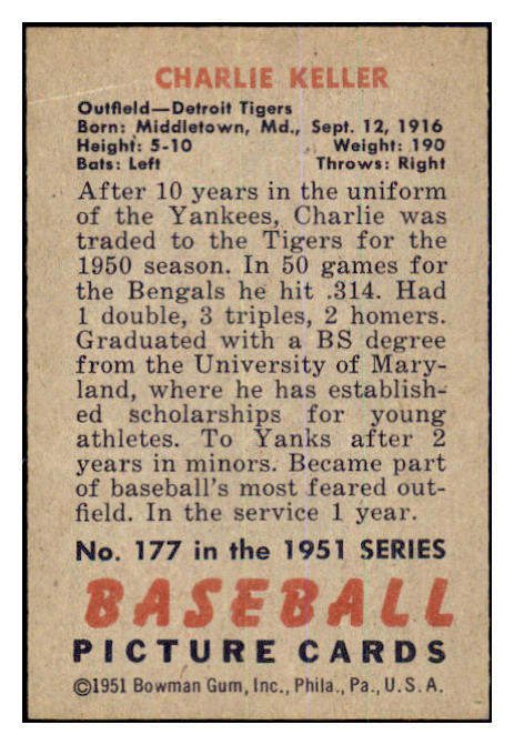 1951 Bowman Baseball #177 Charlie Keller Tigers EX-MT 463330
