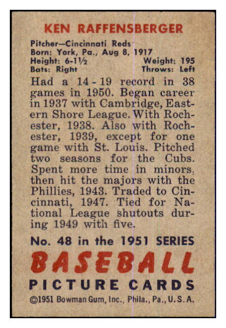 1951 Bowman Baseball #048 Ken Raffensberger Reds EX 463388