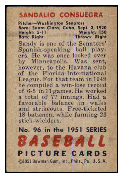 1951 Bowman Baseball #096 Sandy Consuegra Senators EX 463395