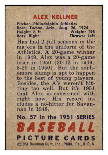 1951 Bowman Baseball #057 Alex Kellner A's VG-EX 463431