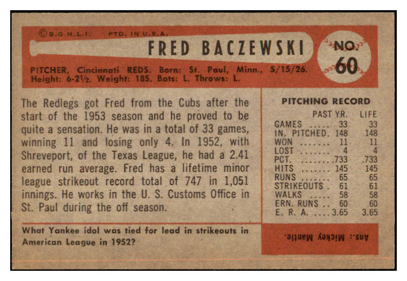 1954 Bowman Baseball #060 Fred Baczewski Reds EX-MT 463486