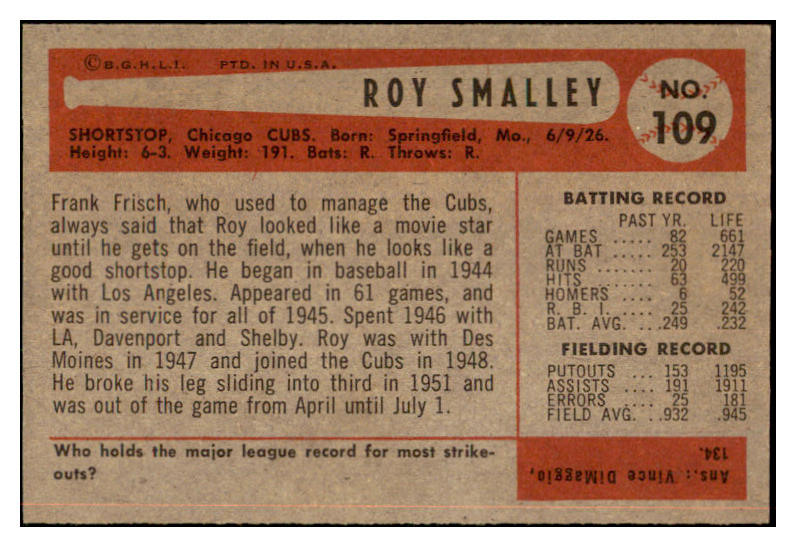 1954 Bowman Baseball #109 Roy Smalley Cubs EX-MT 463528