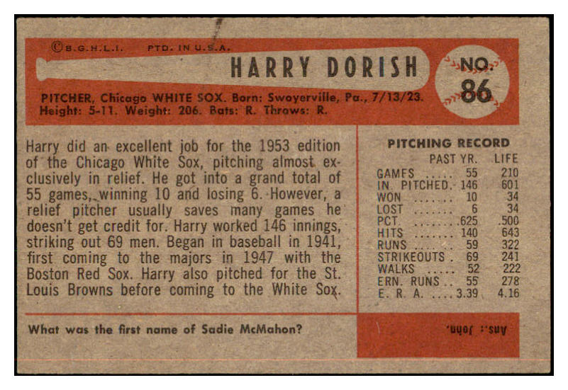 1954 Bowman Baseball #086 Harry Dorish White Sox EX-MT 463532