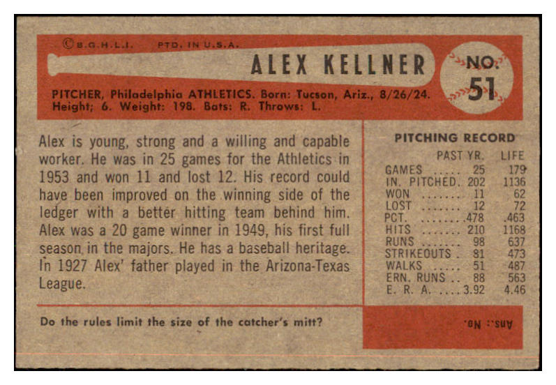 1954 Bowman Baseball #051 Alex Kellner A's EX-MT 463543