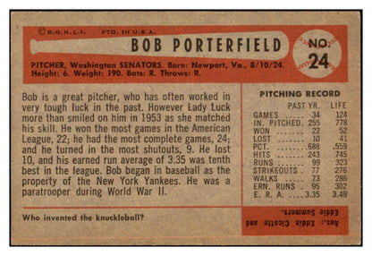 1954 Bowman Baseball #024 Bob Porterfield Senators EX-MT 463563
