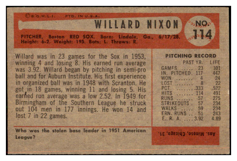 1954 Bowman Baseball #114 Willard Nixon Red Sox EX-MT 463574
