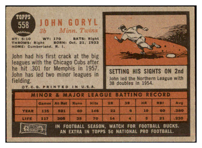 1962 Topps Baseball #558 John Goryl Twins EX-MT 464512
