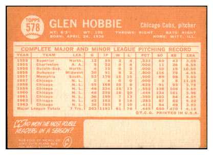 1964 Topps Baseball #578 Glen Hobbie Cubs VG-EX 464799