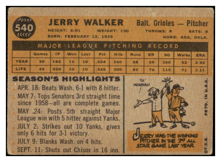 1960 Topps Baseball #540 Jerry Walker Orioles VG 465212