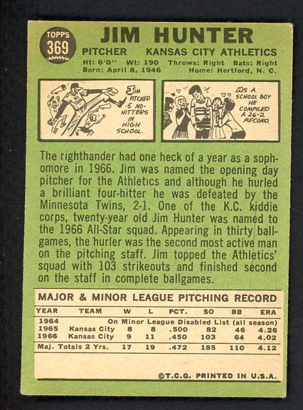 1967 Topps Baseball #369 Catfish Hunter A's VG-EX 465838