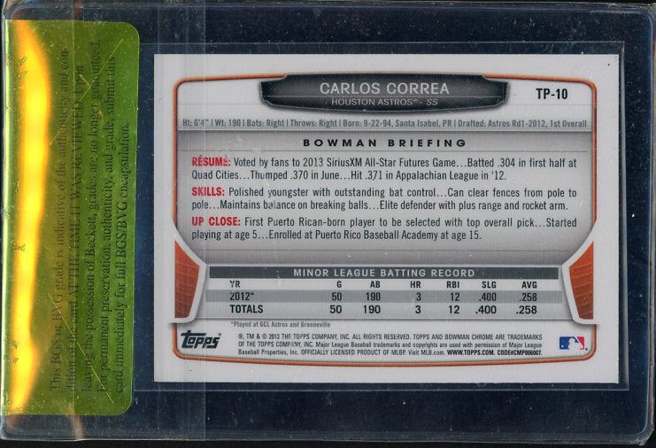 2013 Bowman Chrome #TP-10 Carlos Correa Astros Beckett Review 9.5 467899