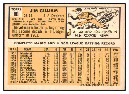 1963 Topps Baseball #080 Jim Gilliam Dodgers EX 468267