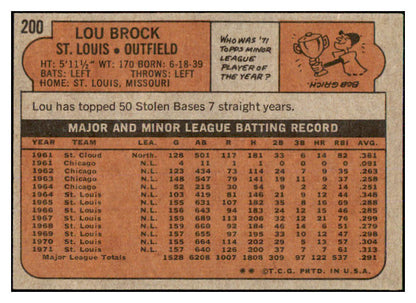 1972 Topps Baseball #200 Lou Brock Cardinals EX 469743