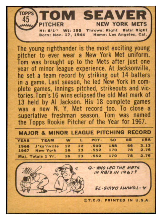 1968 Topps Baseball #045 Tom Seaver Mets GD trimmed 469836