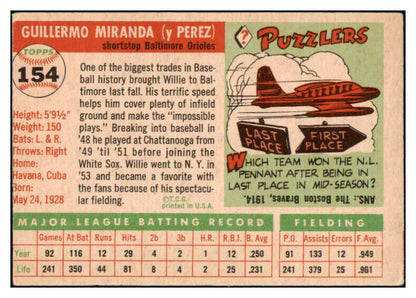 1955 Topps Baseball #154 Willie Miranda Orioles VG 470431