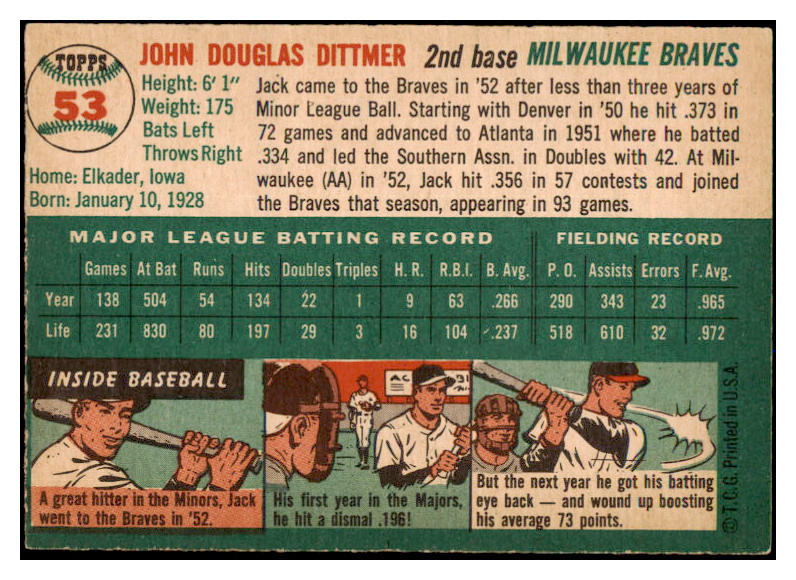 1954 Topps Baseball #053 Jack Dittmer Braves EX-MT 470678