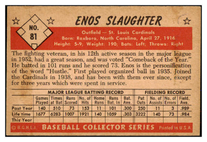 1953 Bowman Color Baseball # 81 Enos Slaughter Cardinals EX+/EX-MT 472111
